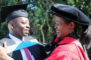 Dr Loretta Mkhonta (PhD in Education) and her son Sizwe Hlophe (Bachelor of Social Sciences) graduate together from UKZN.