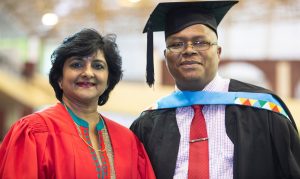 Master’s in Education graduate Mr Sylvester Mbatha with his supervisor Dr Jaqueline Naidoo.