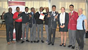 From left Mr Aloius Maregere, Professor Nadaraj Govender, Mr Wesley Banda (Minquiz rep), winners of the 2019 Minquiz KZN Regional Competition and Mrs Mary-Anne Good.