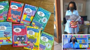 UKZN lecturer Dr Ntokozo Mkhize-Mthembu with book character Tippie the elephant and her children’s books.